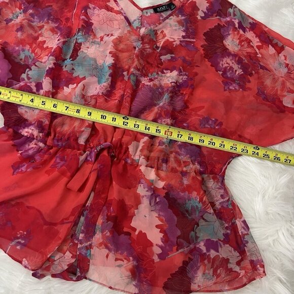 a.n.a Women Plus Size 2X Red Floral Flutter Chiffon Waist Tie V- Neck Blouse Top - Picture 6 of 11